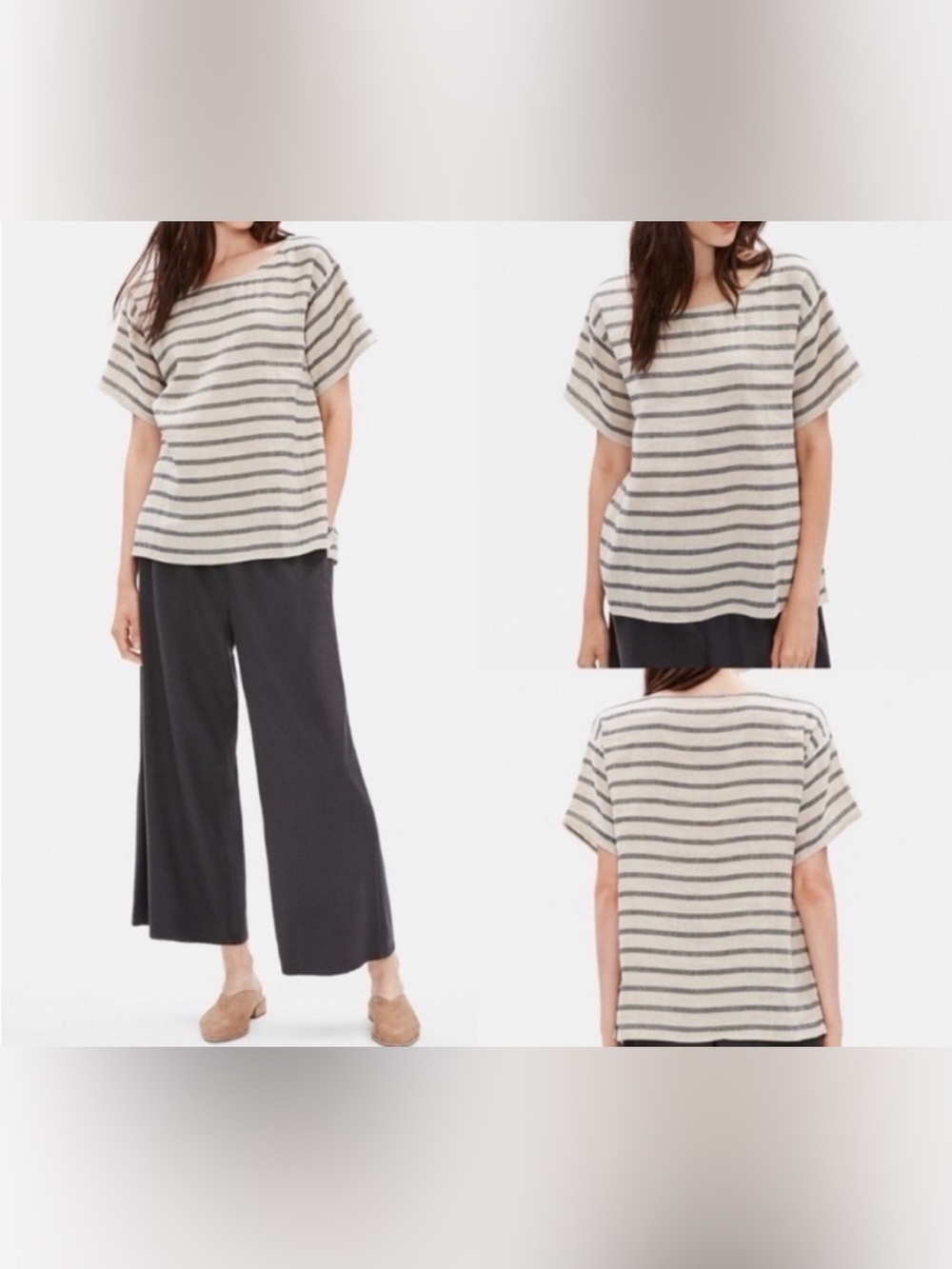 Eileen Fisher Organic Cotten & Linen Jersey Stripe Box-Top Striped Size:M